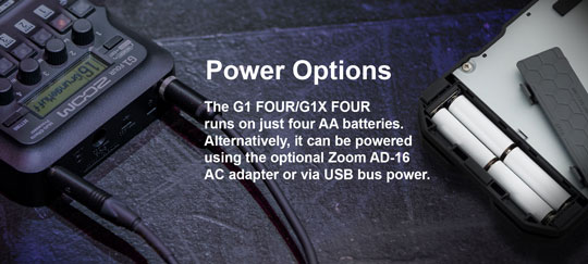 Zoom G1 FOUR runs on batteries, AC Adaptor or USB